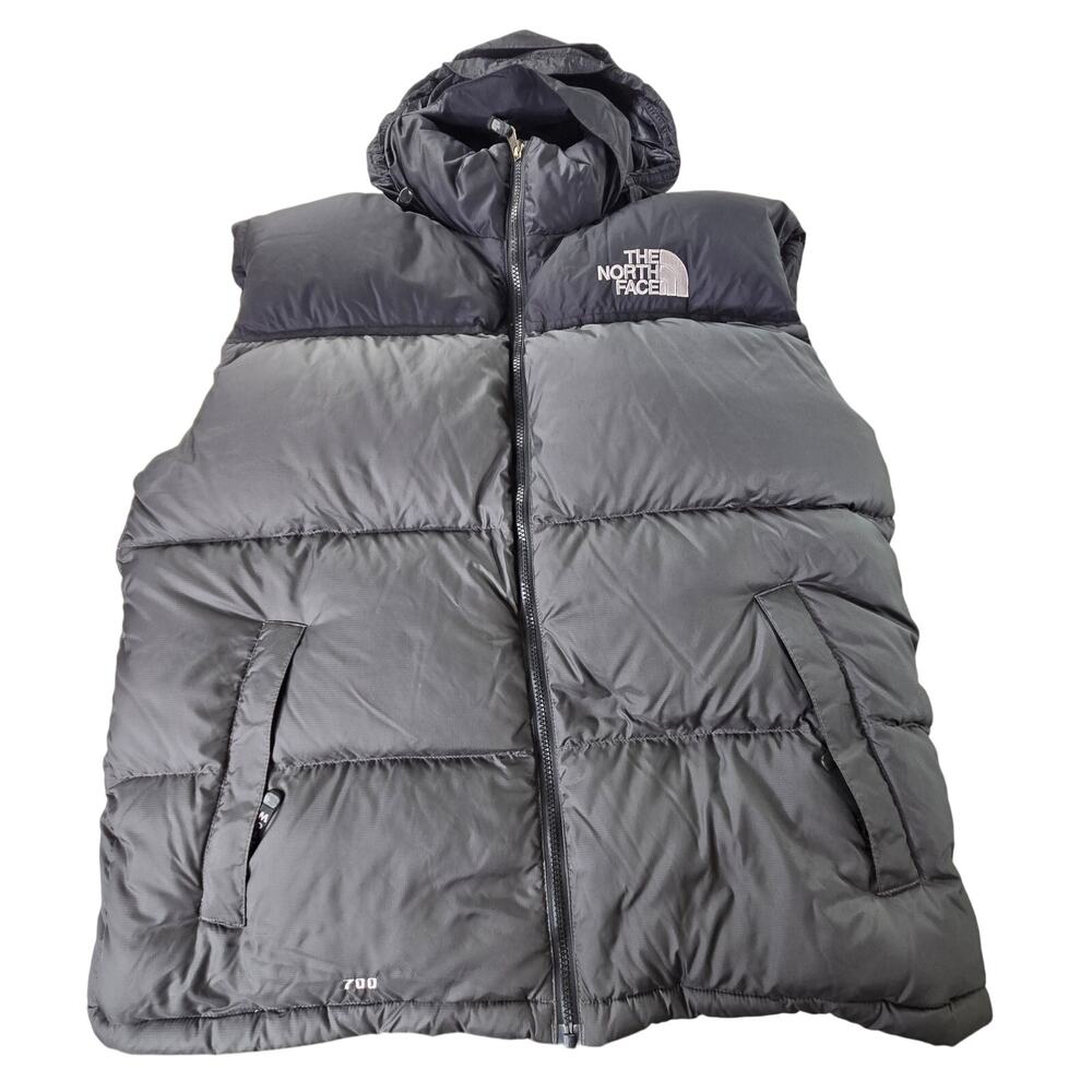 North Face 700 puffer vest hooded goose down insulated XL grey black